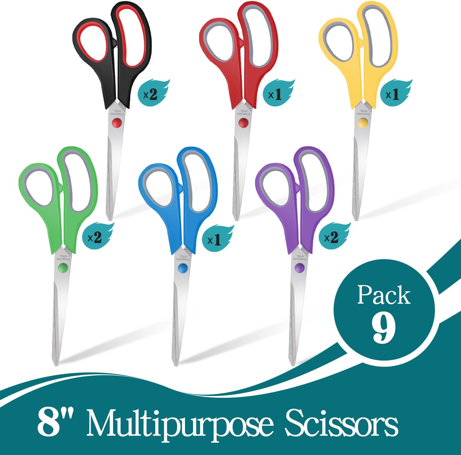 9 Packs 8 Sewing Craft Scissors Bulk,Multipurpose Heavy Duty Sharp Paper Scissors,Stainless Steel Shears for Home Office Student Teacher Supplies